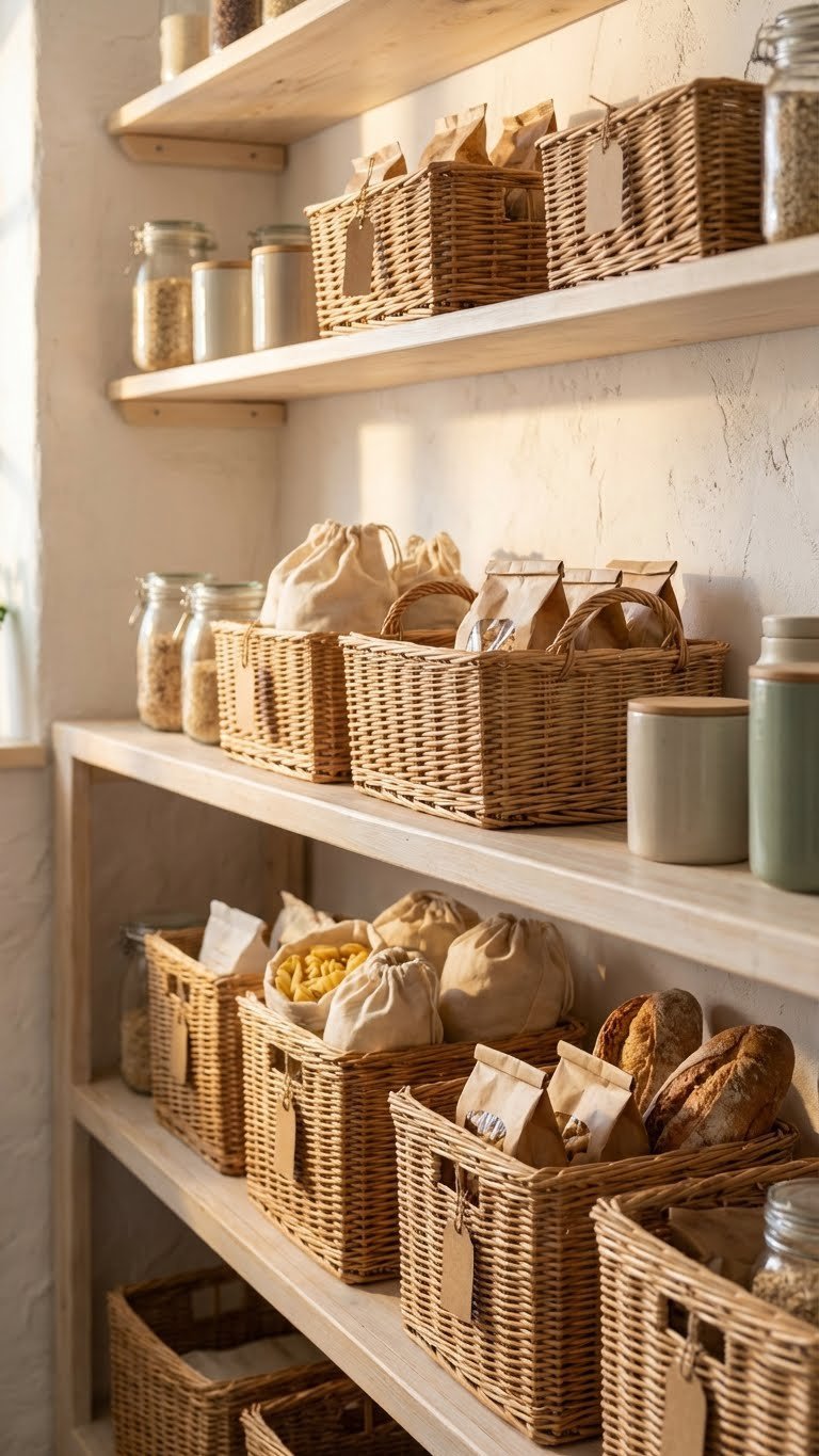 Natural woven wicker baskets on open wood shelving filled with pantry items in a rustic kitchen, bathed in warm light.
