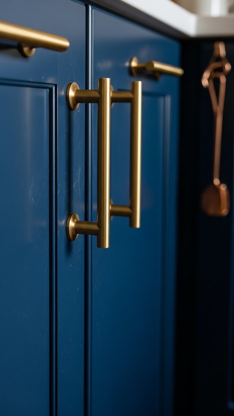 Navy blue kitchen cabinet door with contrasting brushed brass handles and knobs. Elegant kitchen hardware close-up.