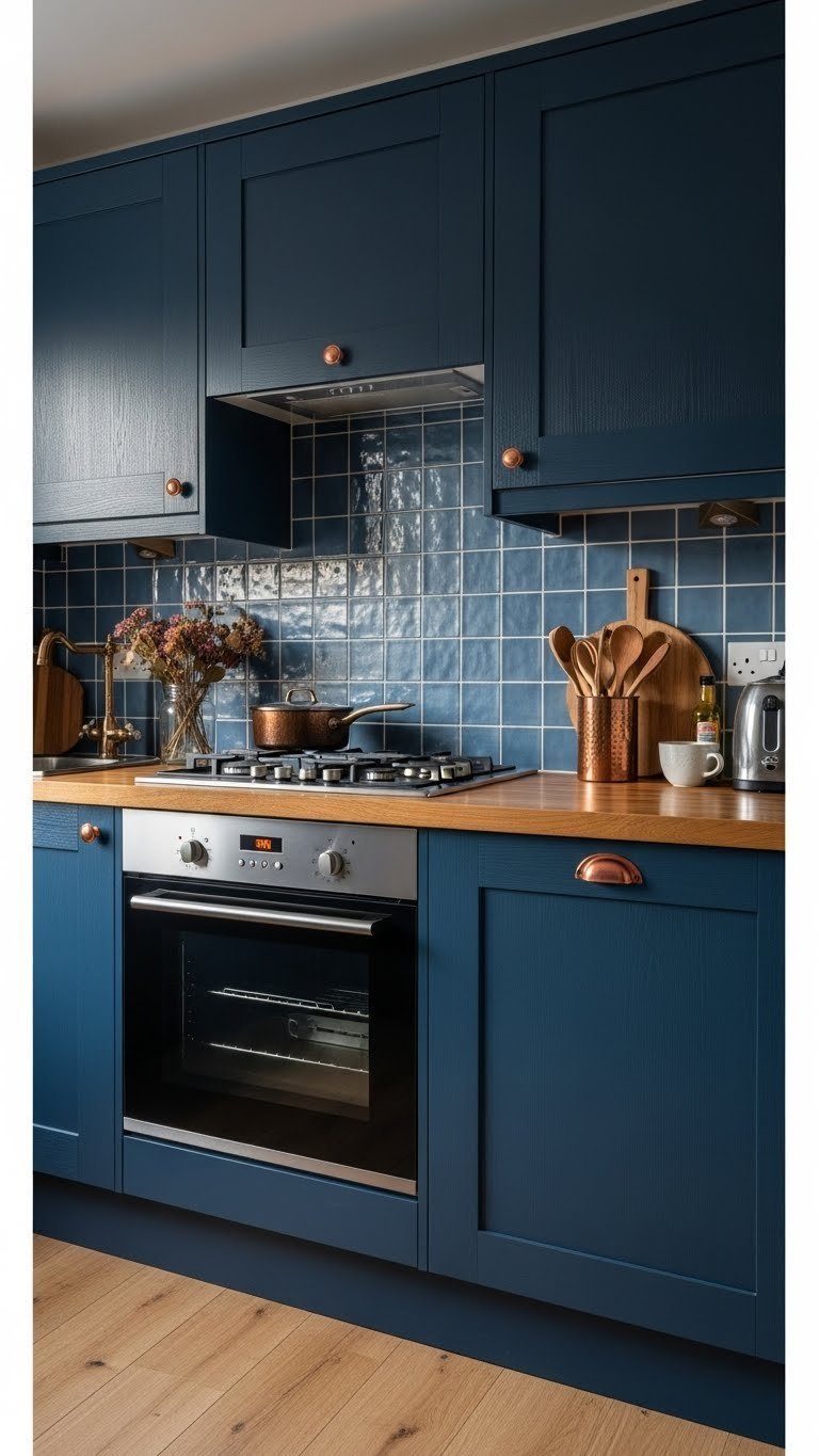 Navy blue kitchen cabinets paired with light oak flooring and butcher block countertop creating warm, inviting space.