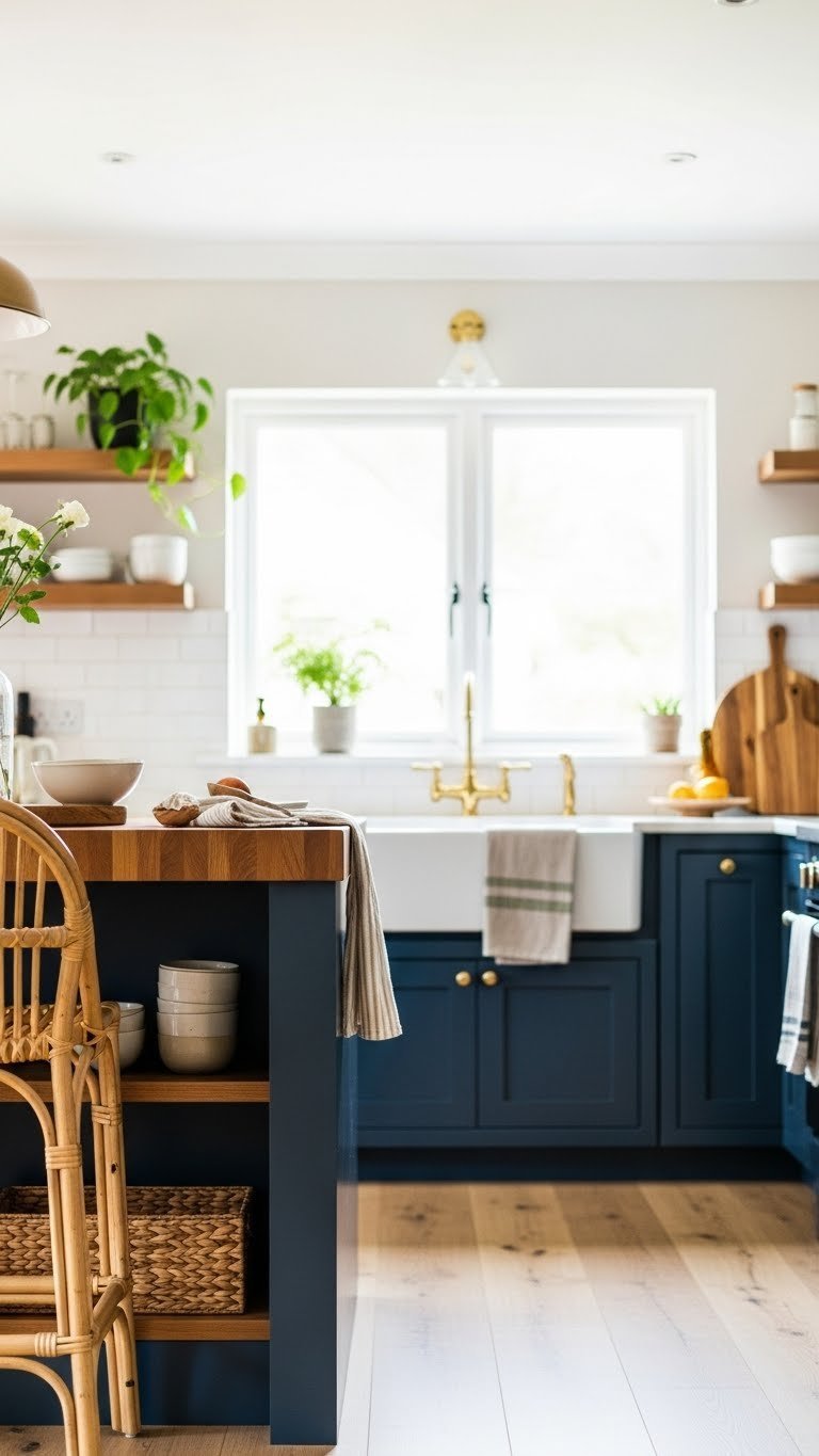 Navy blue kitchen island with warm butcher block top, rattan, and natural wood accents. Cozy kitchen design.