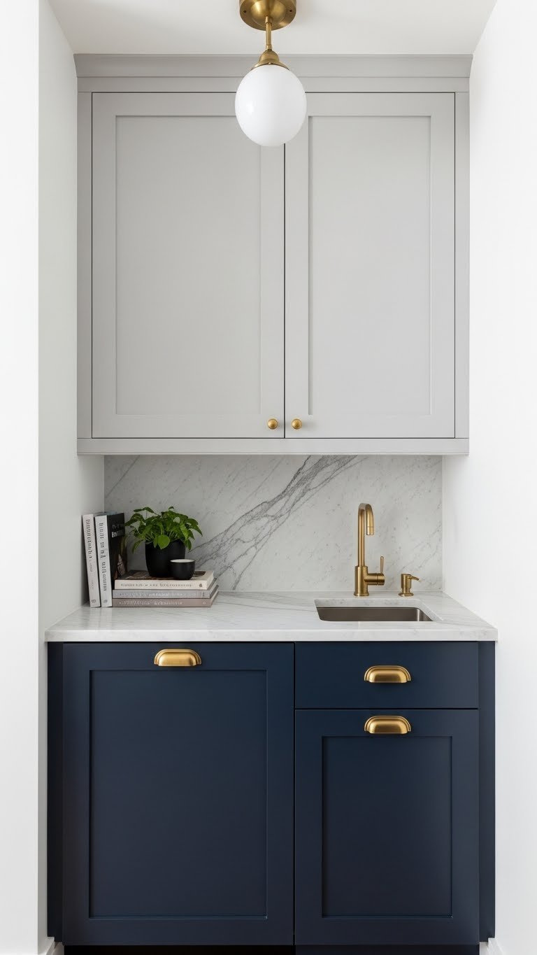Navy lower cabinets with gray uppers and white marble countertops accented with brass hardware