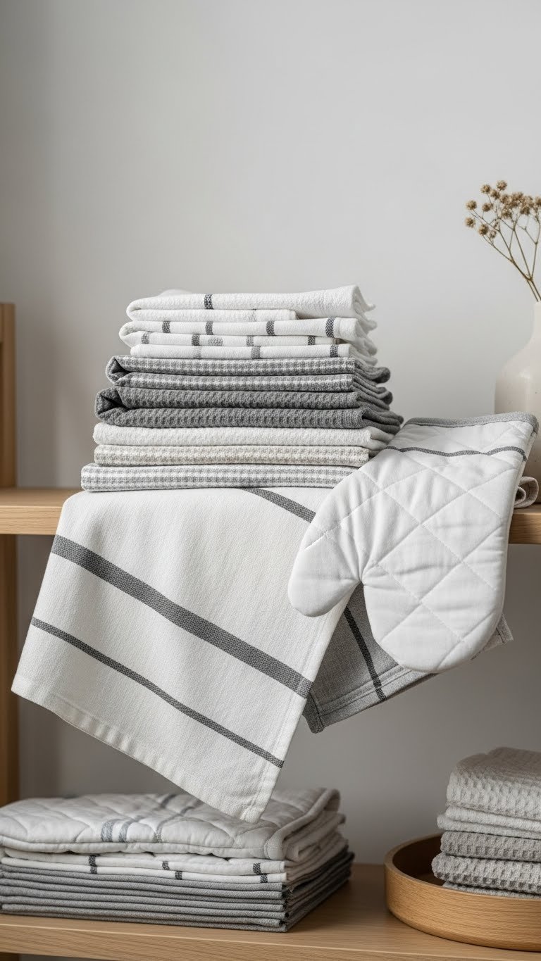 Neatly folded Scandinavian kitchen towels in neutral tones arranged on wooden shelf with textiles