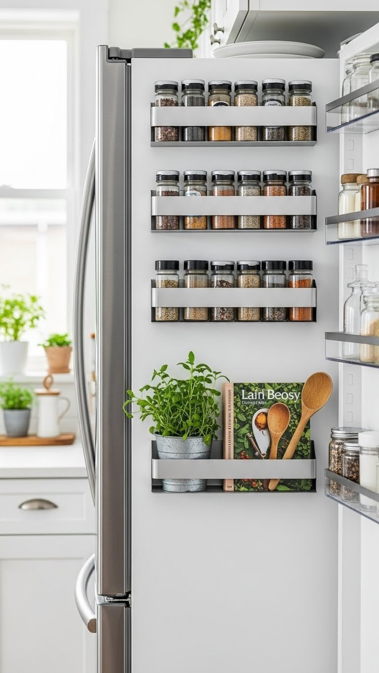 Meesho Kitchen Gadgets: 11 Essential Tools For Smart Cooking 19 Neatly organized magnetic spice rack with colorful spices in clear jars affixed to refrigerator side.