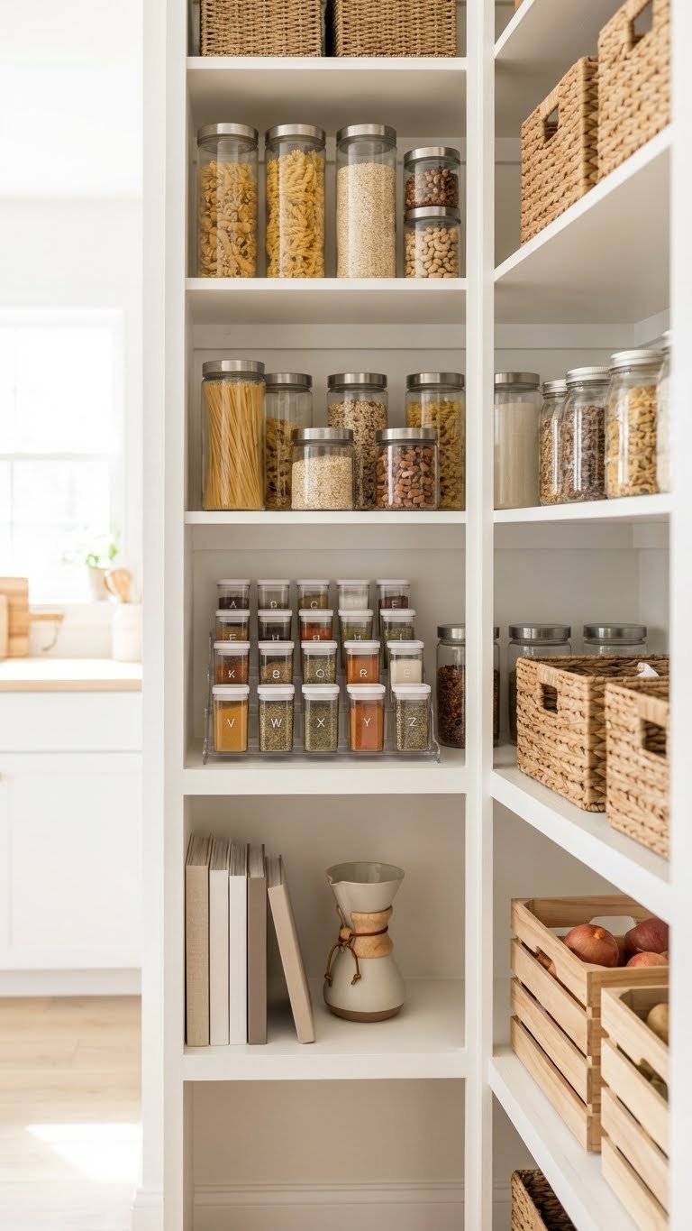 7 Genius Kitchen Pantry Closet Ideas For Ultimate Storage 1 Neatly organized reach-in kitchen pantry with white shelves, clear containers, spices, and cookbooks, showcasing efficient food storage solutions.