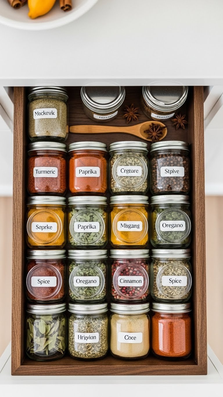 7 Essential Mason Jar Pantry Ideas: Organize Kitchen Smarter 3 Neatly organized spice drawer with colorful turmeric, paprika, oregano, and cinnamon in clear labeled mason jars, showcasing kitchen organization.