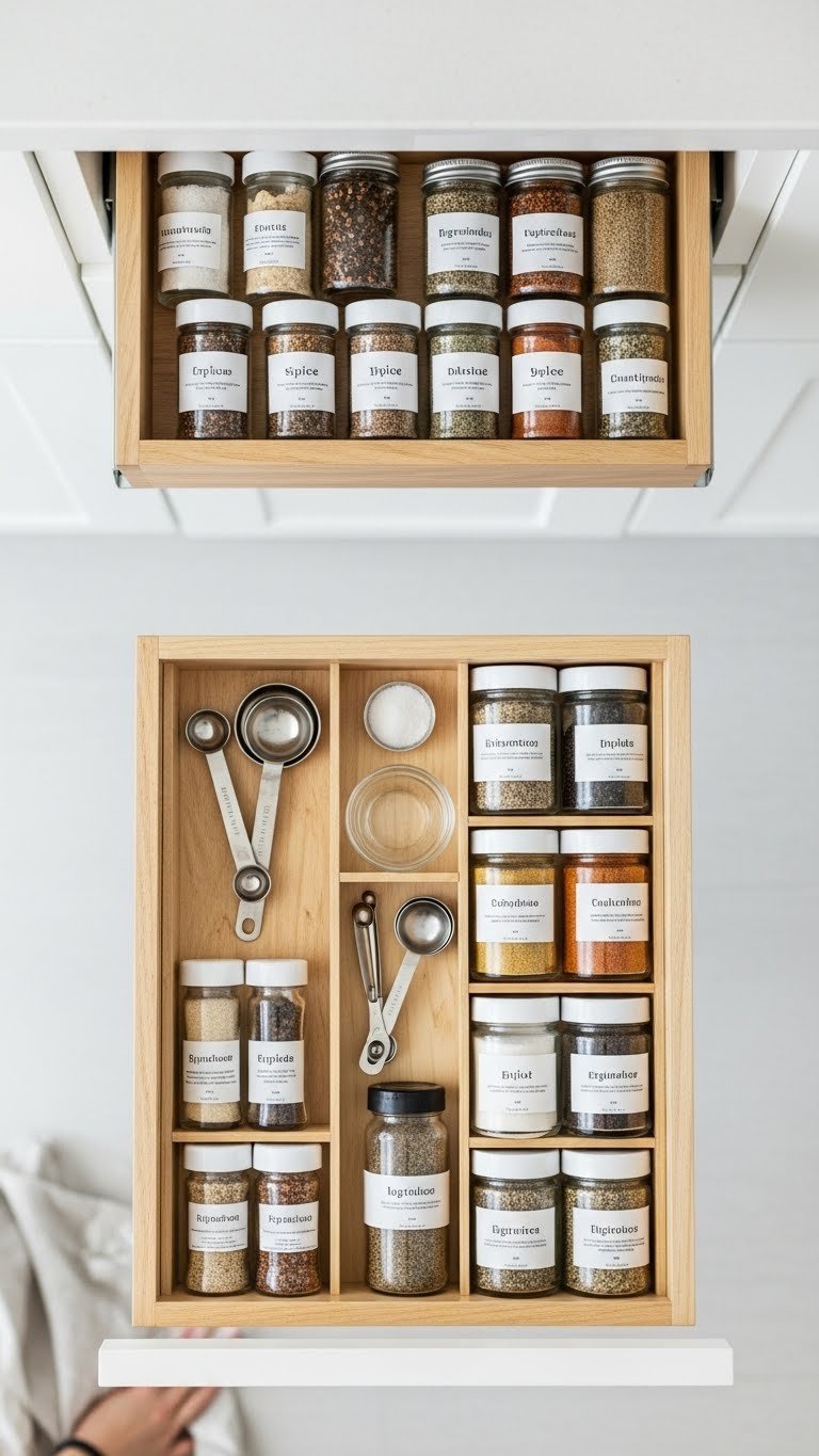 9 Genius Kitchen Pantry Storage Ideas To Organize Everything 11 Neatly organized spice drawer with uniform jars and minimalist labels on a tiered rack, providing an accessible system for pantry essentials.
