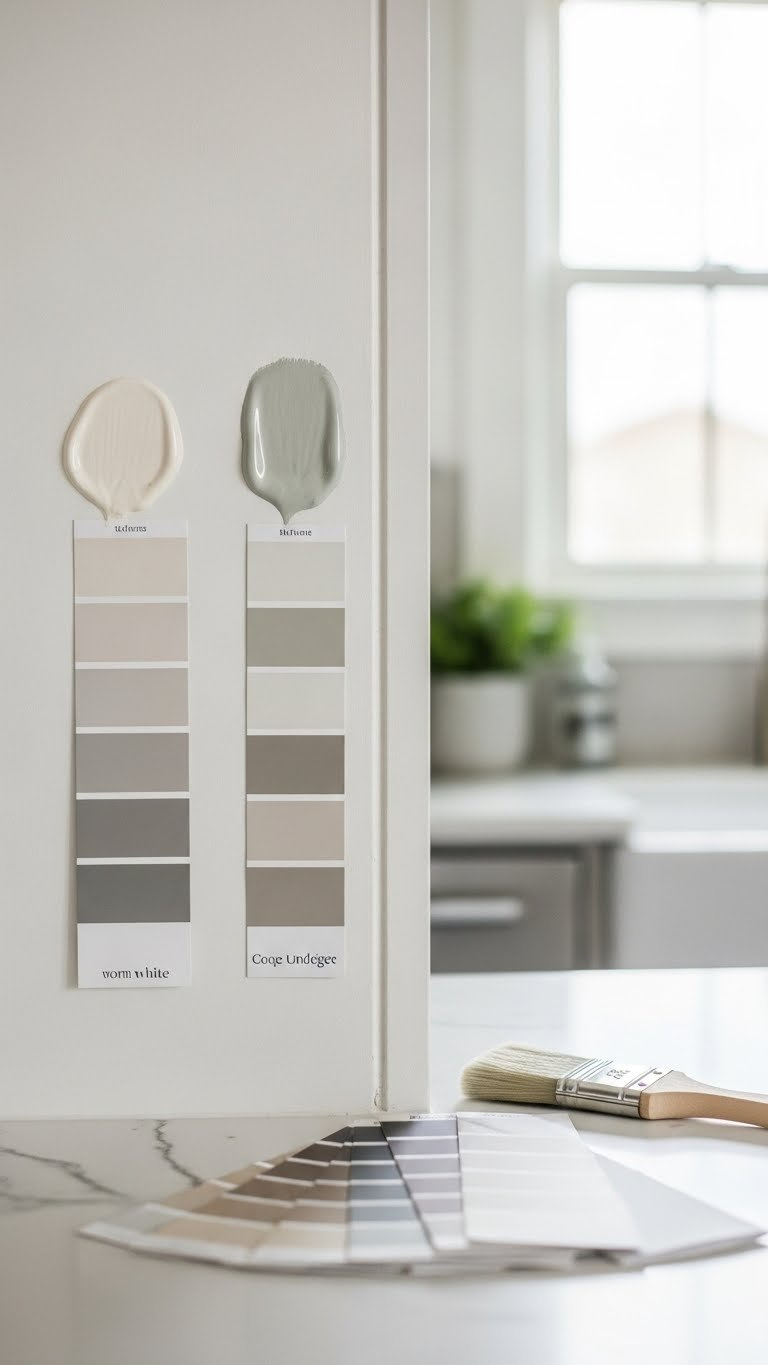 Neutral color undertone kitchen showcasing warm and cool white paint swatches with natural light streaming through window.