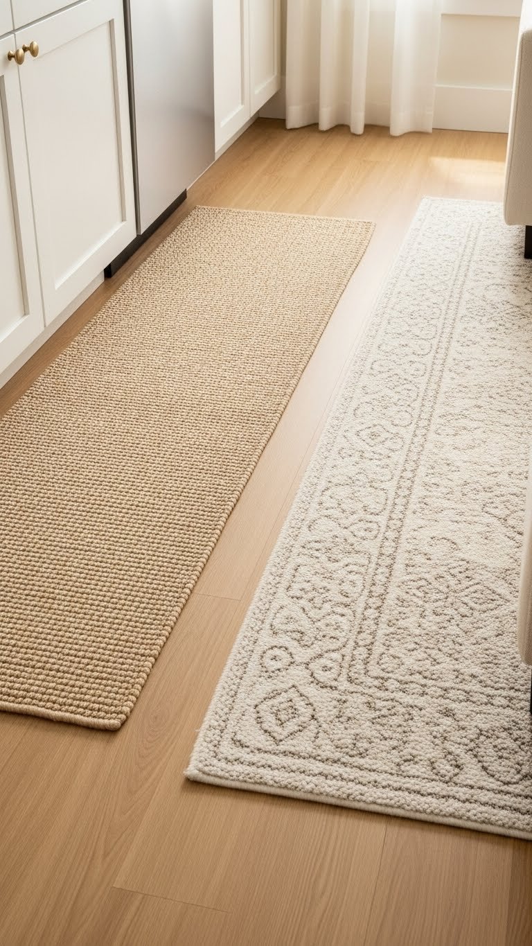 Neutral flat-weave runner and plush textured rug define kitchen-living zones on wood floor. Warm cream, golden brown open concept.
