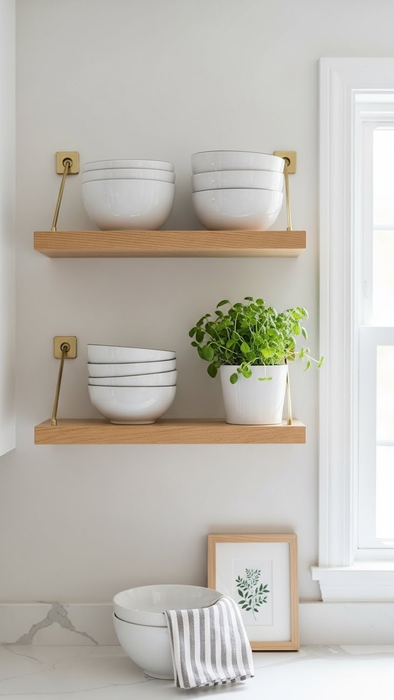 No-drill floating wooden shelves with ceramic bowls and herbs organized on kitchen wall storage