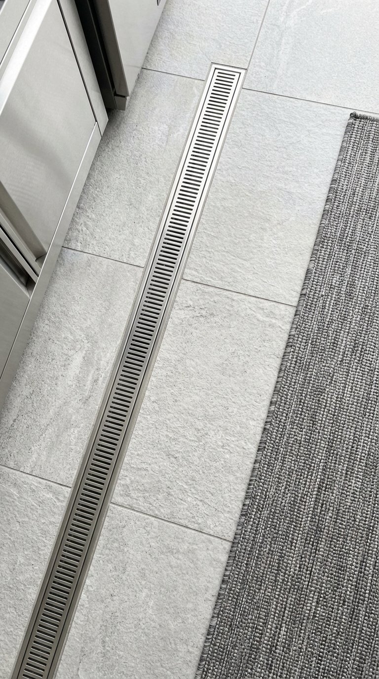 Non-slip porcelain paver flooring with linear drain for outdoor kitchen safety and drainage