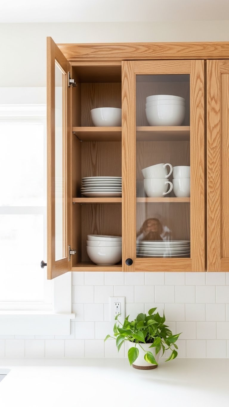 Oak kitchen cabinet converted to open shelving displaying white dishes with natural daylight