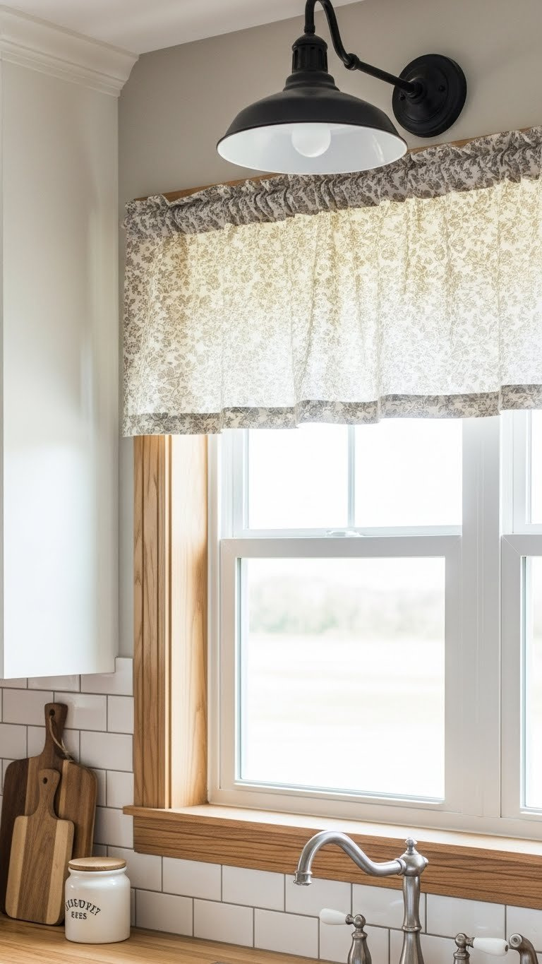 Oatmeal linen farmhouse valance with subtle floral pattern draped above a rustic kitchen window