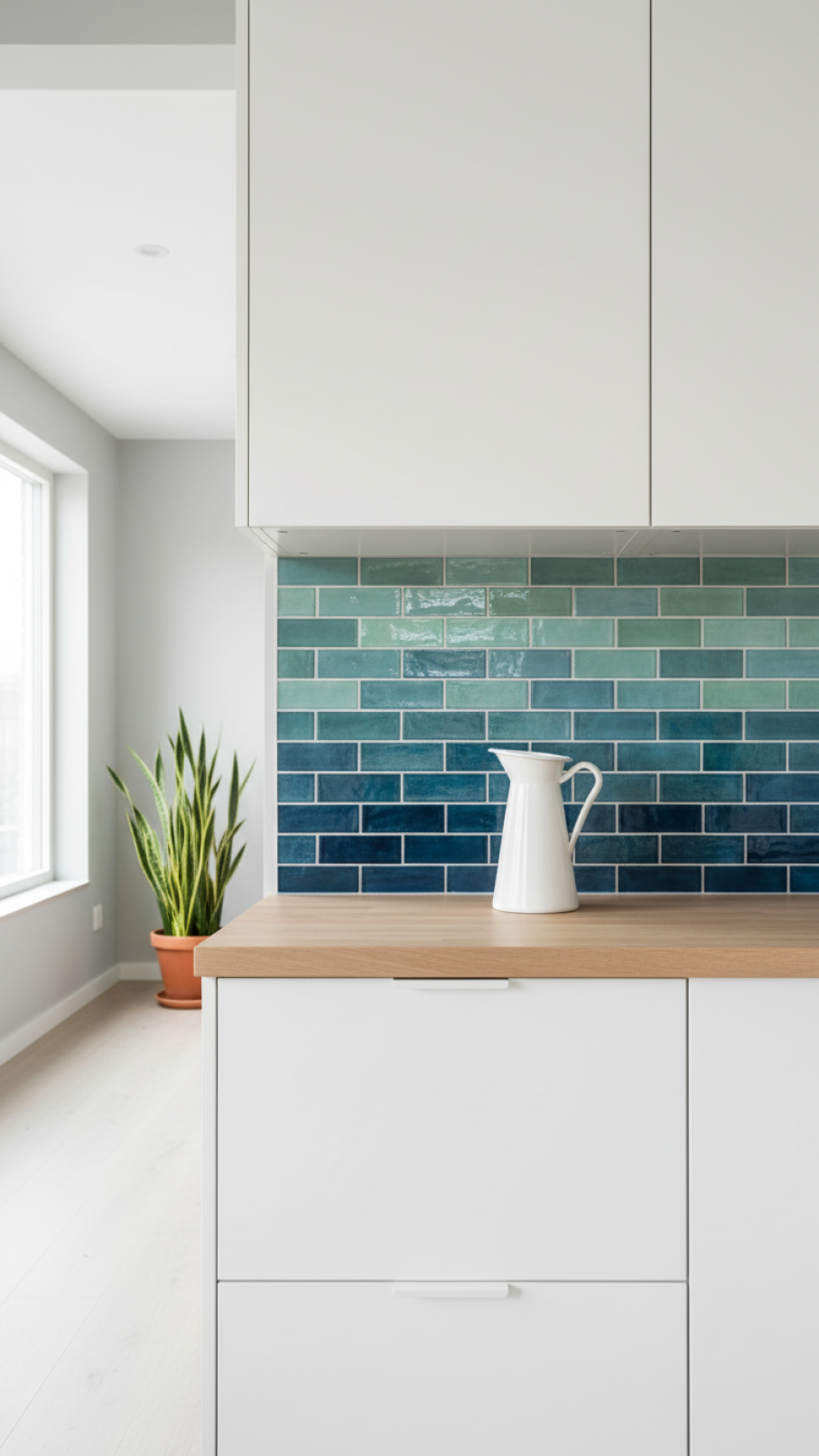 Ocean blue and sea green glossy tile backsplash with white cabinets and light wood countertop in kitchen