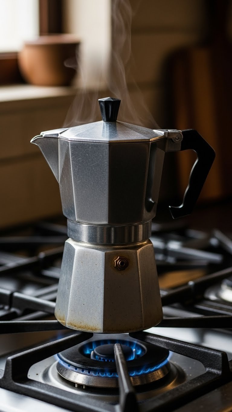 Octagonal aluminum Moka pot brewing dark coffee on cast iron stovetop with dramatic lighting