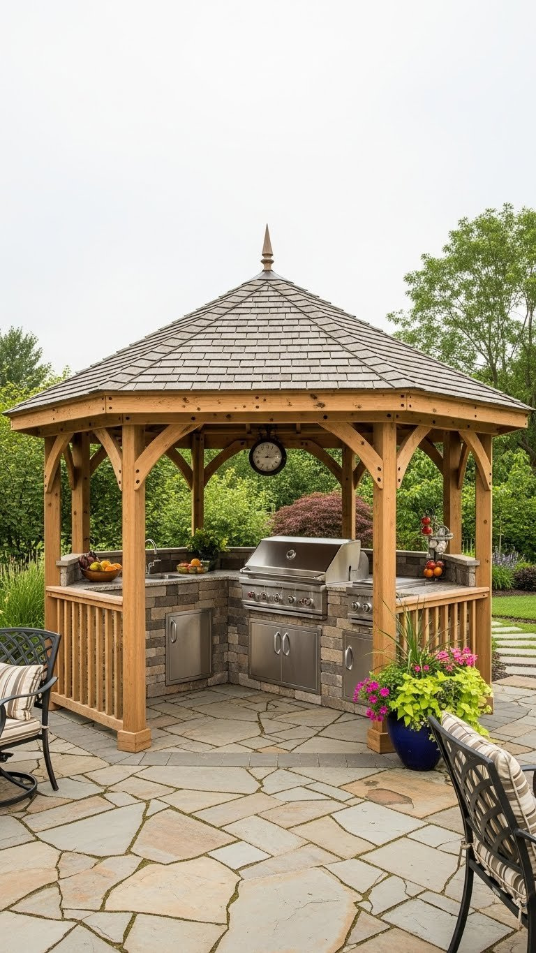 Octagonal wooden gazebo housing U-shaped outdoor kitchen with built-in grill and stone countertop in lush garden setting