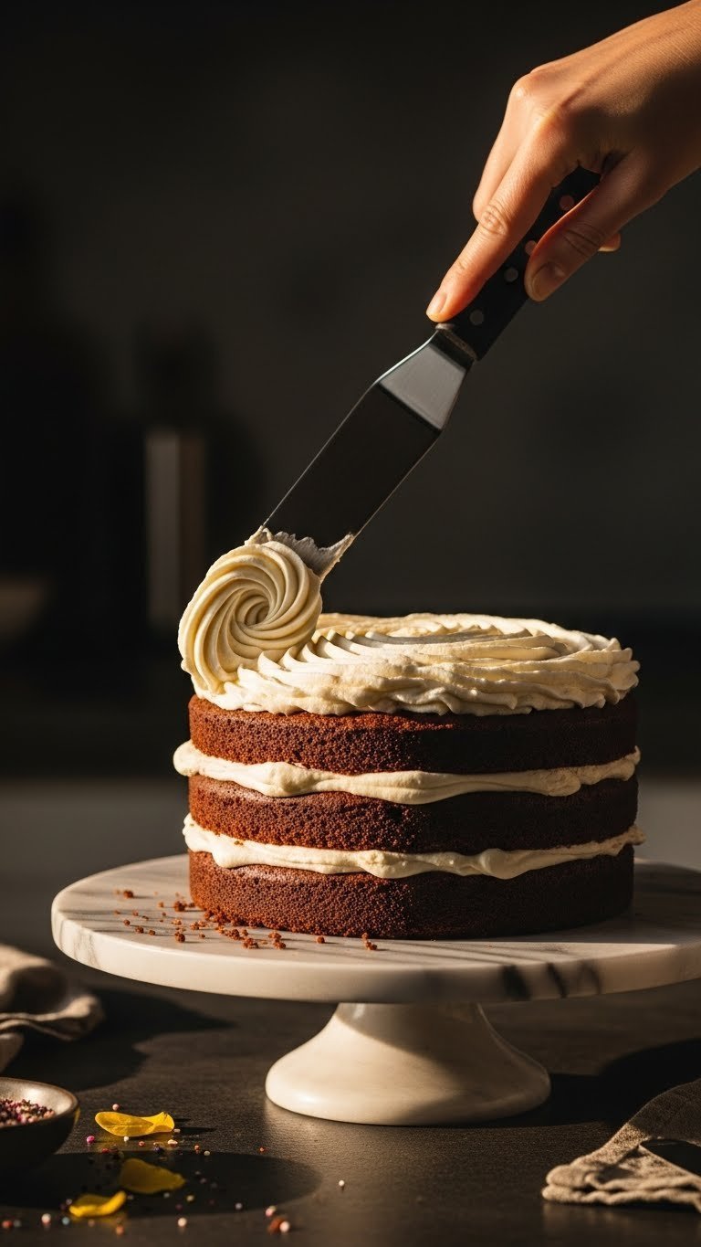 Offset spatula creating perfect swirl in frosting on layer cake decorating technique