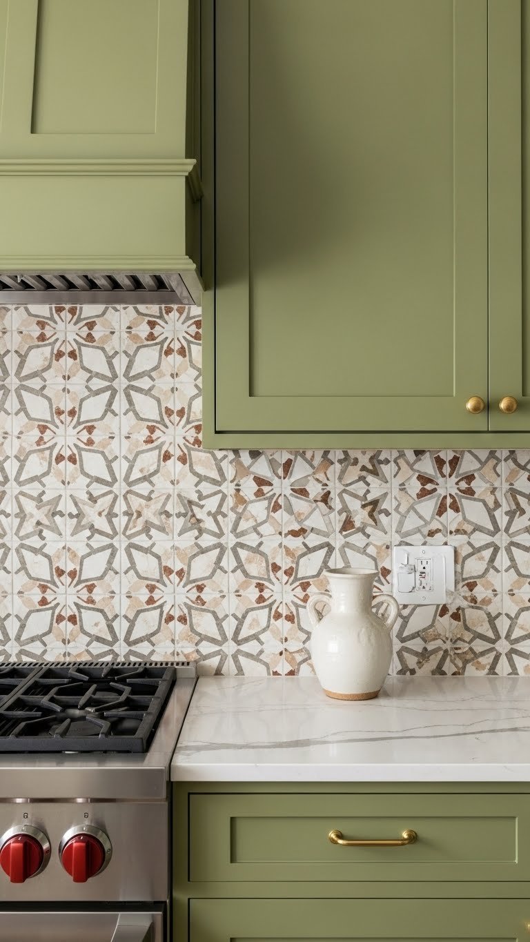 Olive green kitchen backsplash with zellige tiles and ceramic vase against white subway tile background.
