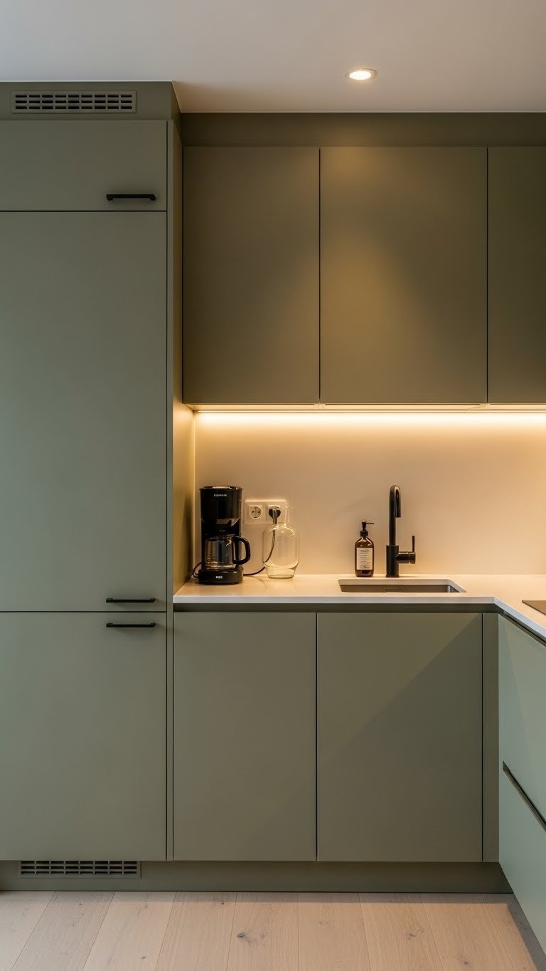 Olive green kitchen with layered lighting including under-cabinet strips and pendant light over island.