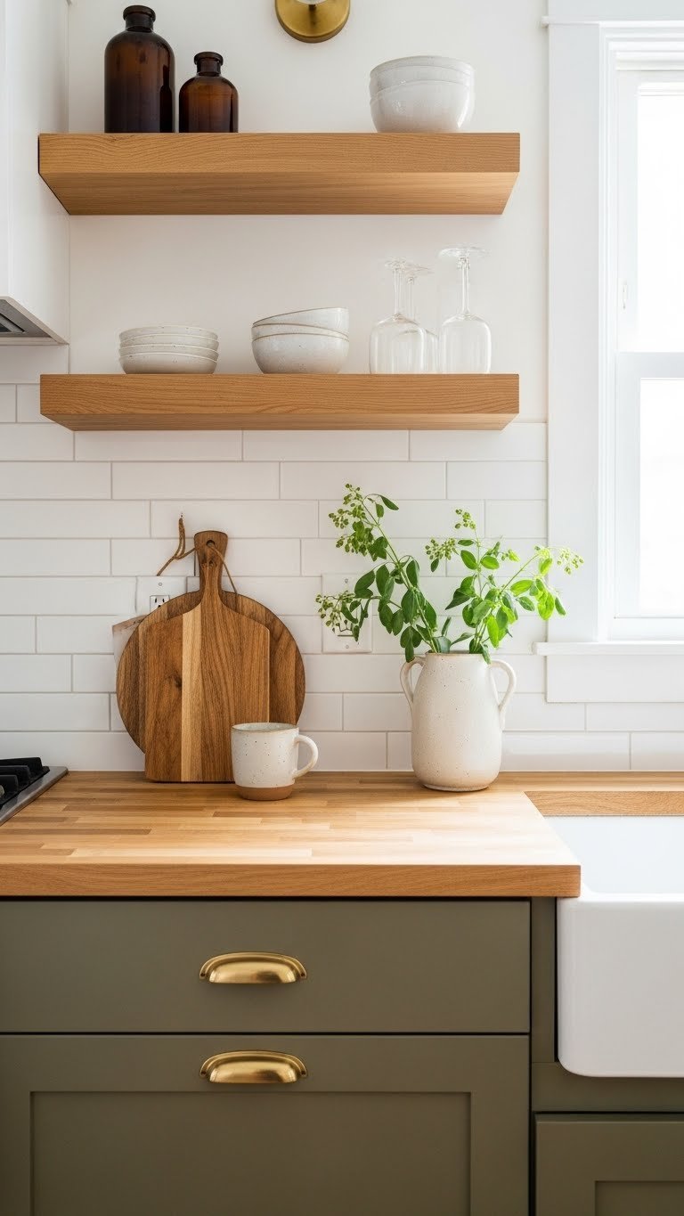 Olive green kitchen with natural wood butcher block countertop and ceramic mug on rustic oak shelving.