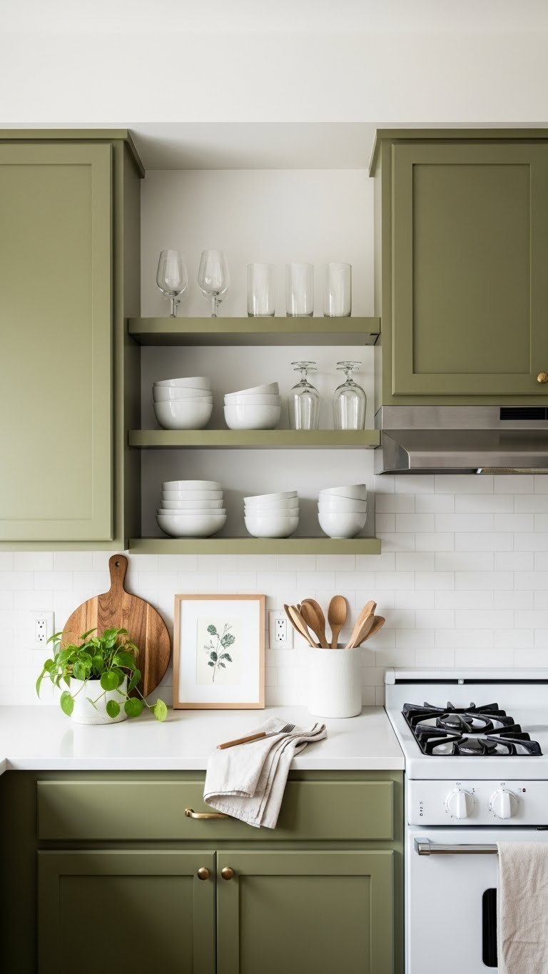 Olive green kitchen with open shelving displaying white ceramics and glassware for minimalist storage.