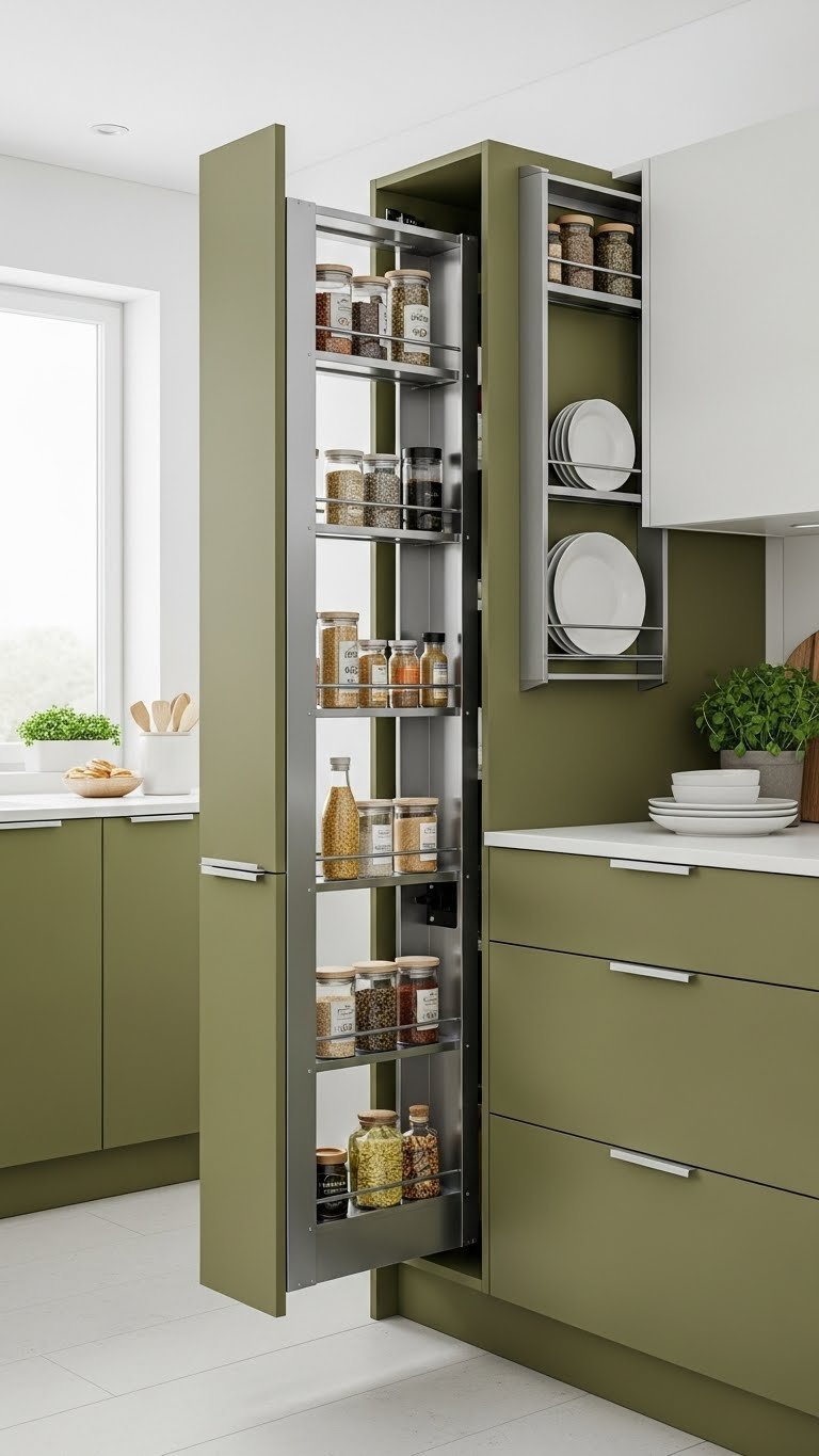 Olive green kitchen with vertical storage solutions including pull-out pantry shelves and spice rack organization.