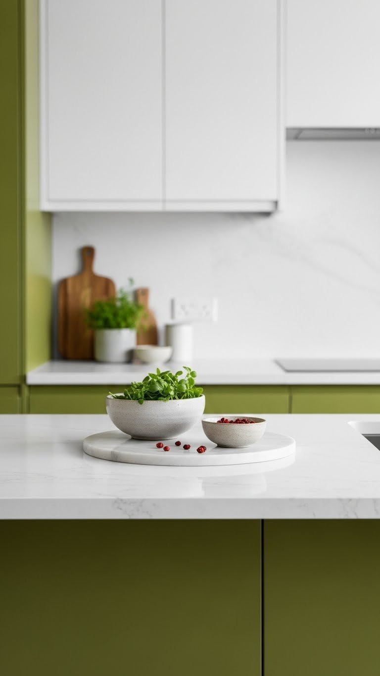 Olive green kitchen with white quartz countertop featuring ceramic bowl and fresh herb accents.