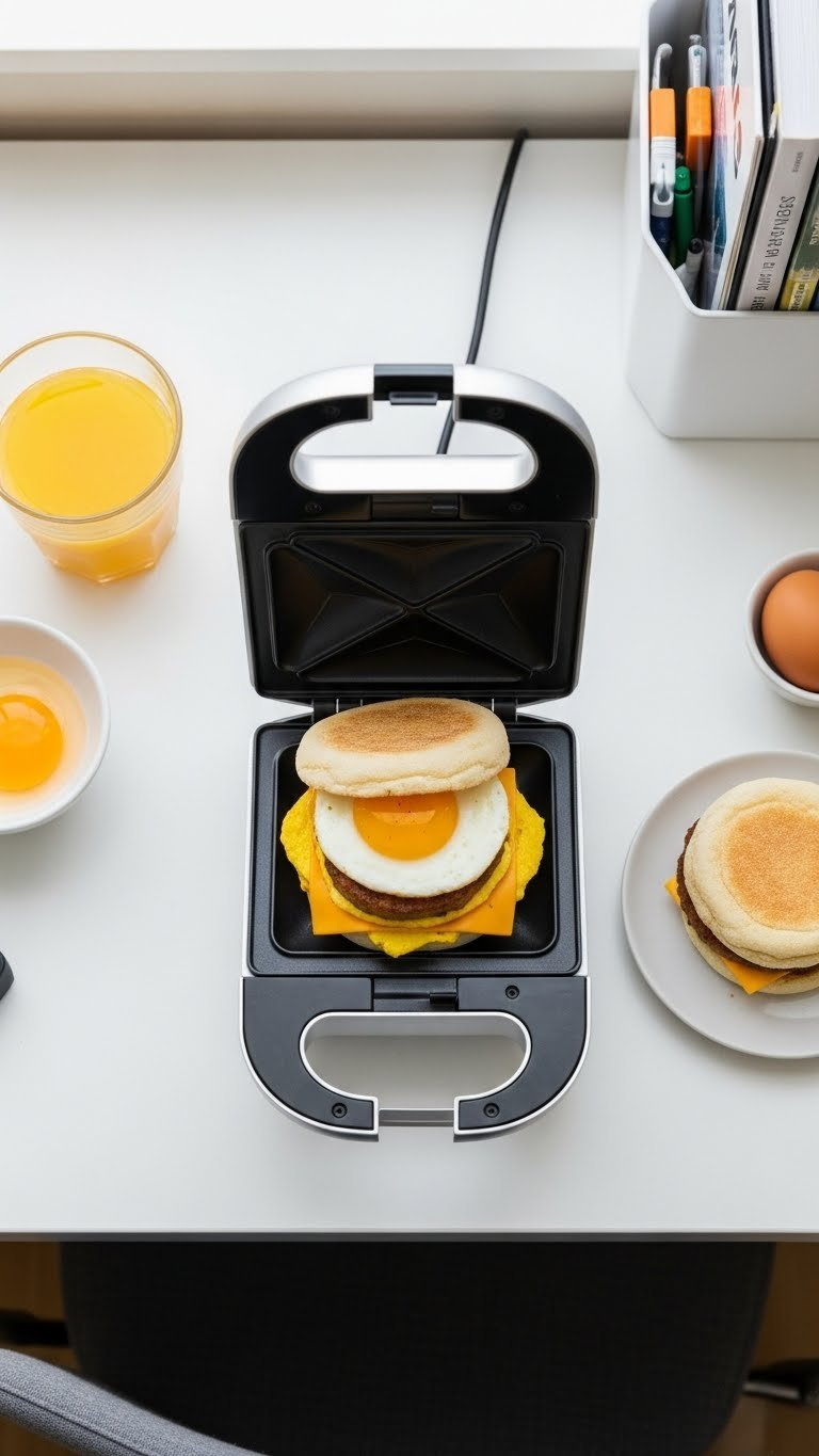 Open breakfast sandwich maker revealing egg cheese sausage English muffin sandwich on white dorm desk with orange juice.