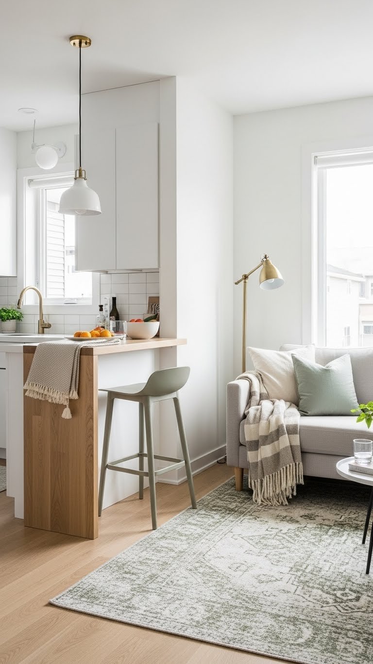 Open-concept kitchen and living area with white cabinets, wood breakfast bar, and a sage green rug defining the cozy living zone. Bright, minimalist design.