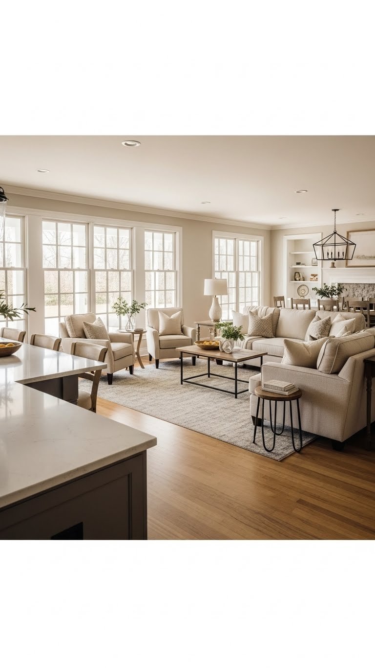 Open concept kitchen island as living room hub, with sectional sofa & armchairs arranged for conversation. Warm creams, golden browns.