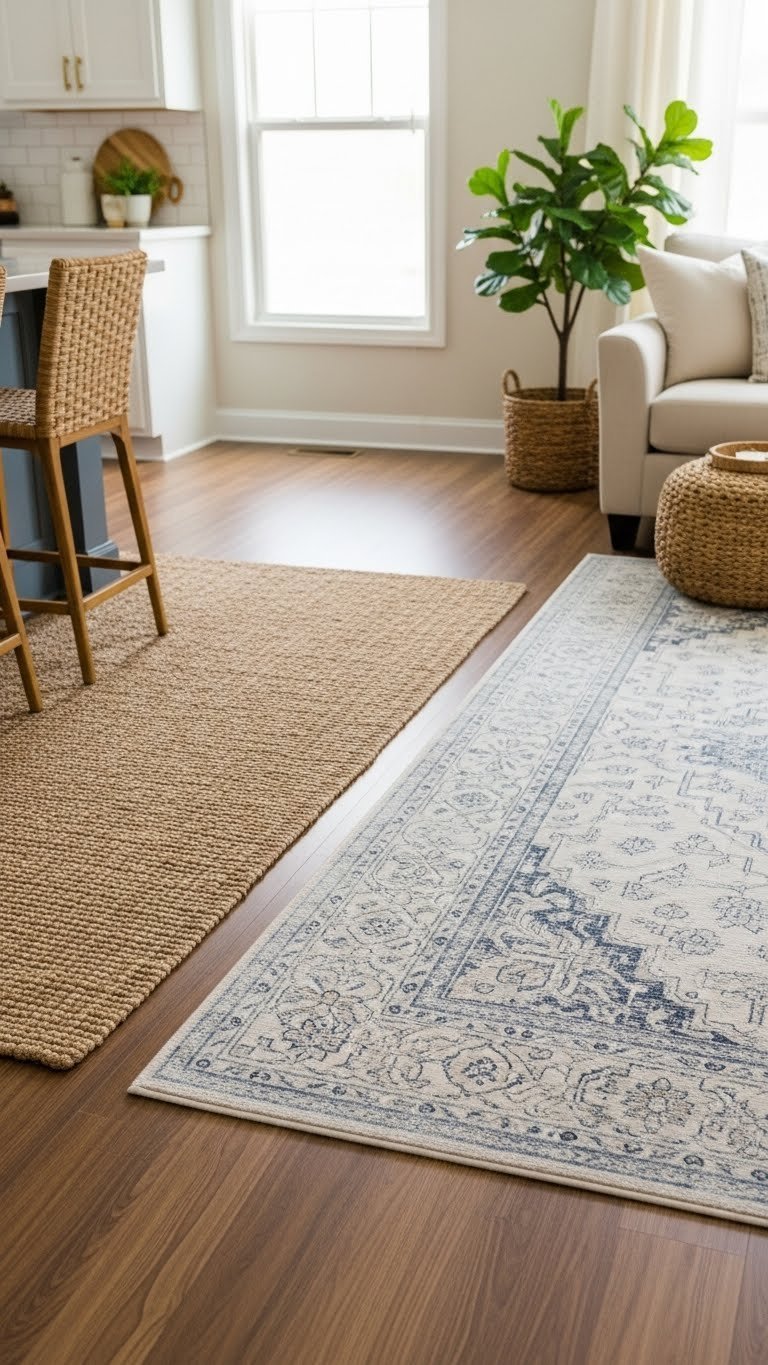 Open concept kitchen living room. Jute kitchen rug & plush wool living room rug define zones on hardwood. Warm, inviting decor.