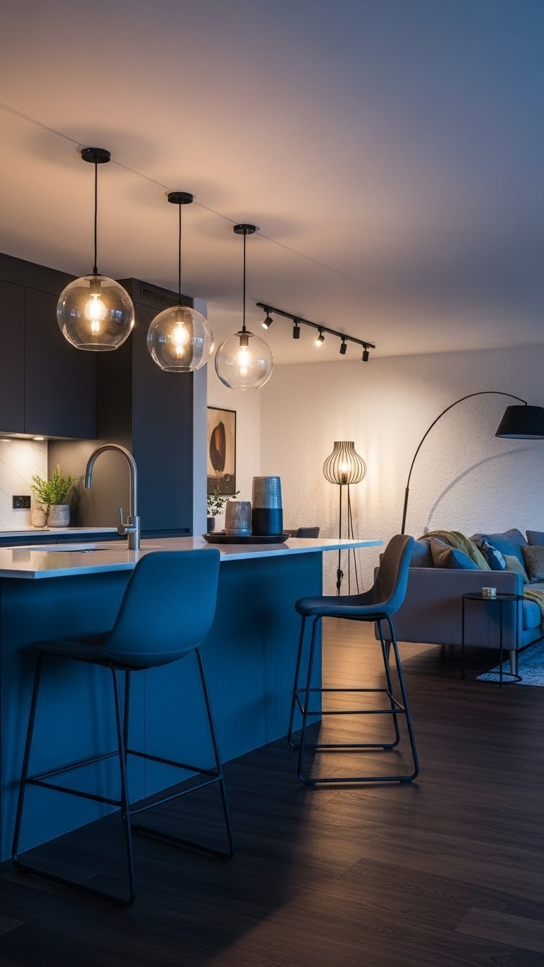 Open concept kitchen living: strategic lighting layers including pendant, recessed, floor lamps. Dark hardwood, warm golden glow, deep blues, brown accents.