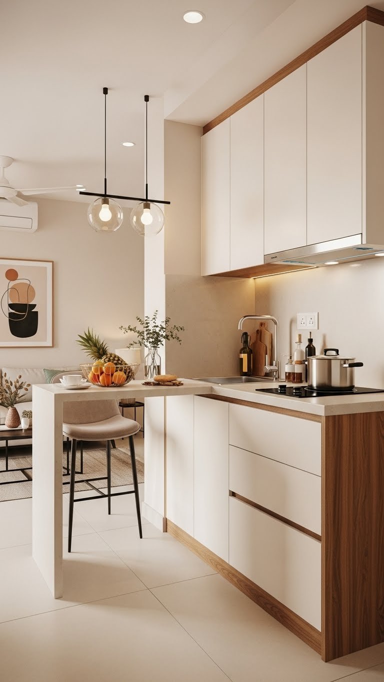 Open concept kitchenette with white wood finish cabinetry integrated into contemporary Kerala apartment living space.