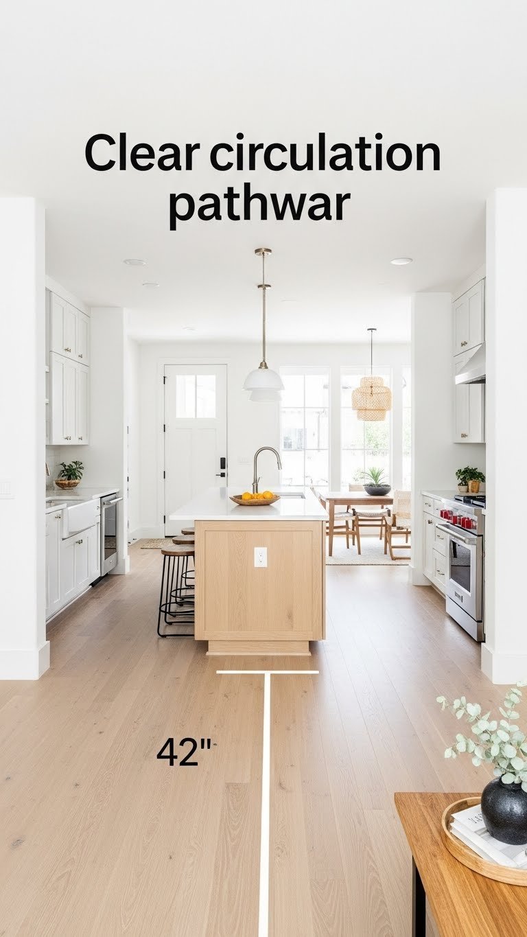 Open concept layout, clear circulation. Wide kitchen island clearance, unobstructed paths. Minimalist wood floor.