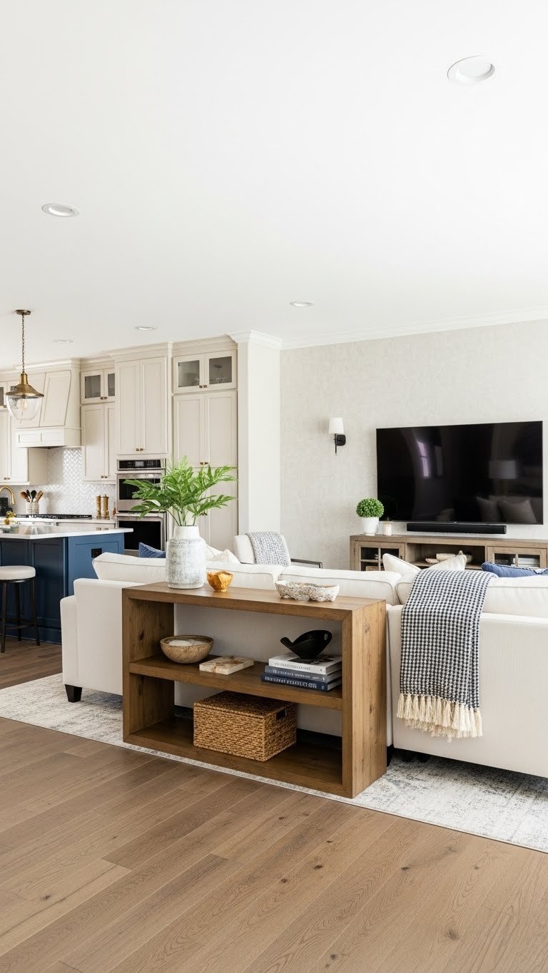 Open Floor Plan Living Room &Amp; Kitchen: Design Ultimate Spaces 1 Open concept living room, kitchen. Plush rug & low sectional sofa delineate zones. Hardwood, cream, gold, navy decor.