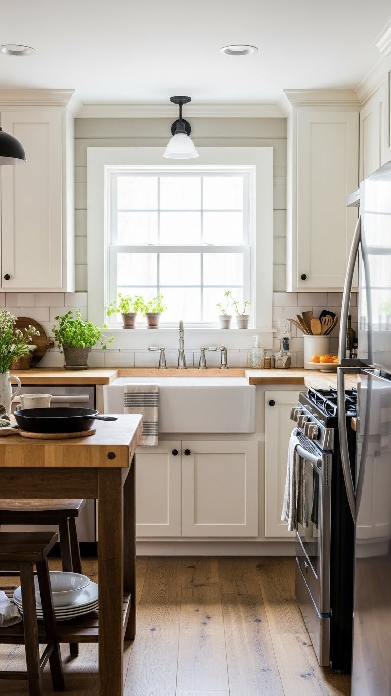 Open concept rustic cabin kitchen layout with butcher block island, farmhouse sink, and efficient work triangle design.