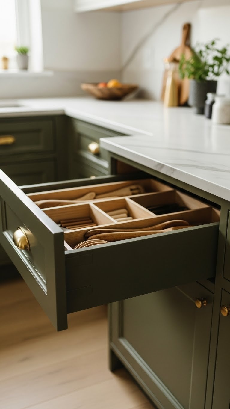 Open dark olive green kitchen cabinet drawer with organized wooden utensils, showcasing luxurious matte finish, brass pull, and marble counter.