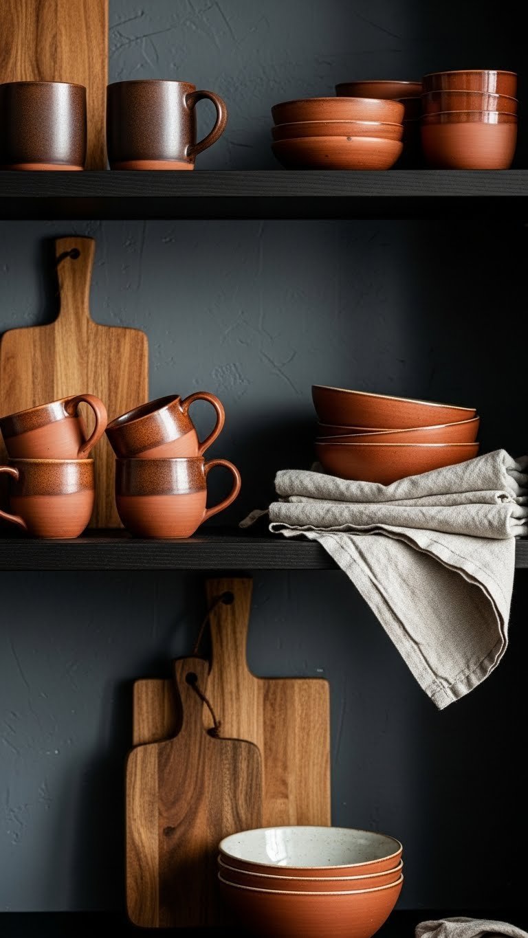 Open dark wood shelving styled with rustic ceramic mugs, clay bowls, and linen textiles for a cozy kitchen.