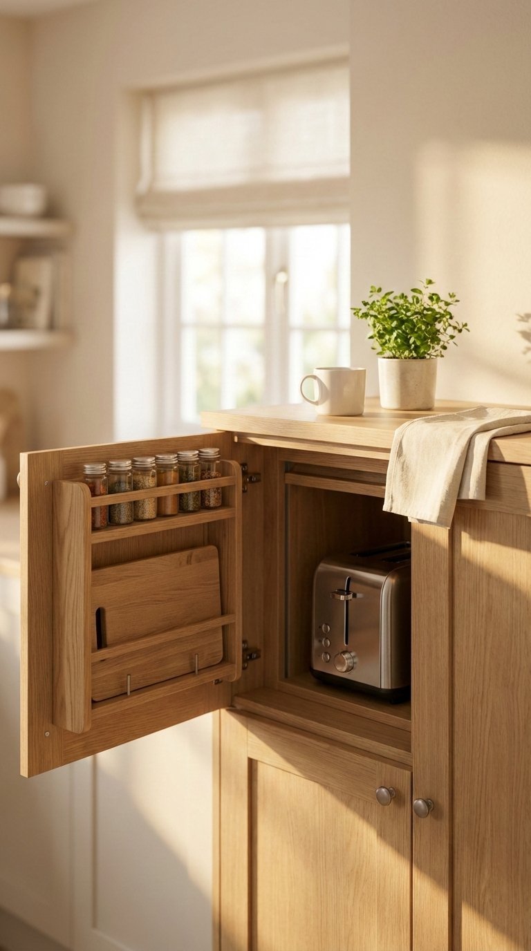 Small Kitchen Cabinets: 5 Essential Storage &Amp; Design Ideas 8 Open kitchen cabinet door with door-mounted spice racks and appliance garage containing toaster