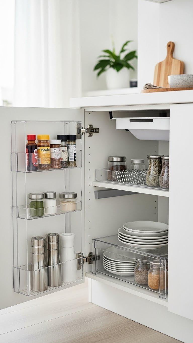 Open kitchen cabinet interior showing tiered racks and drawer dividers for organized storage