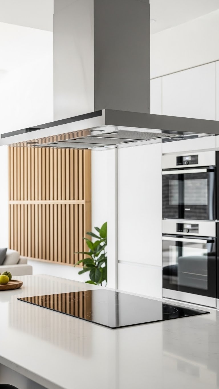 Open kitchen island with sleek hood. Wood acoustic panel in living room. Modern sound/ventilation solutions.