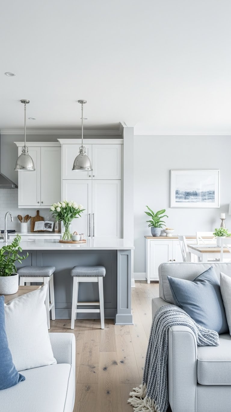 Open kitchen living room. Bright palette: light gray walls, white cabinets, blue/gray accents. Fresh, modern.