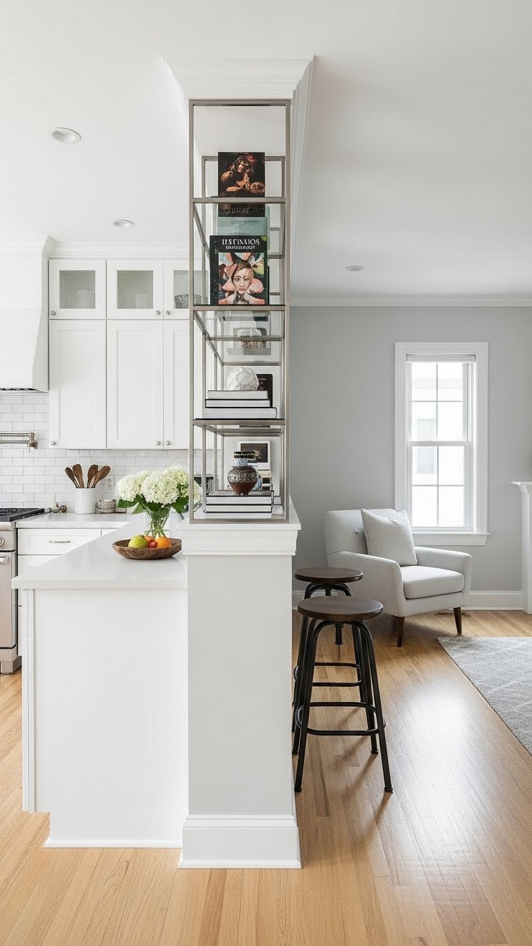 Open kitchen living separated by 'pony wall' or open metal shelving. Defines zones, maintains light. Whites, grays.