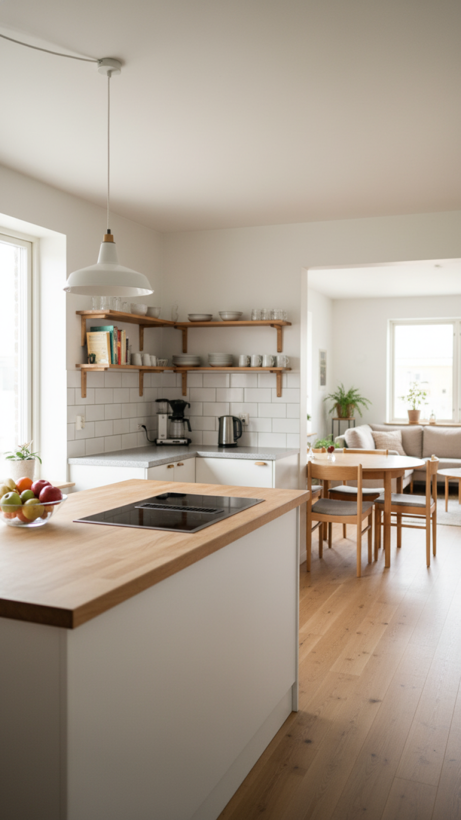 Open layout kitchen with functional zones for cooking and dining in bright Scandinavian interior
