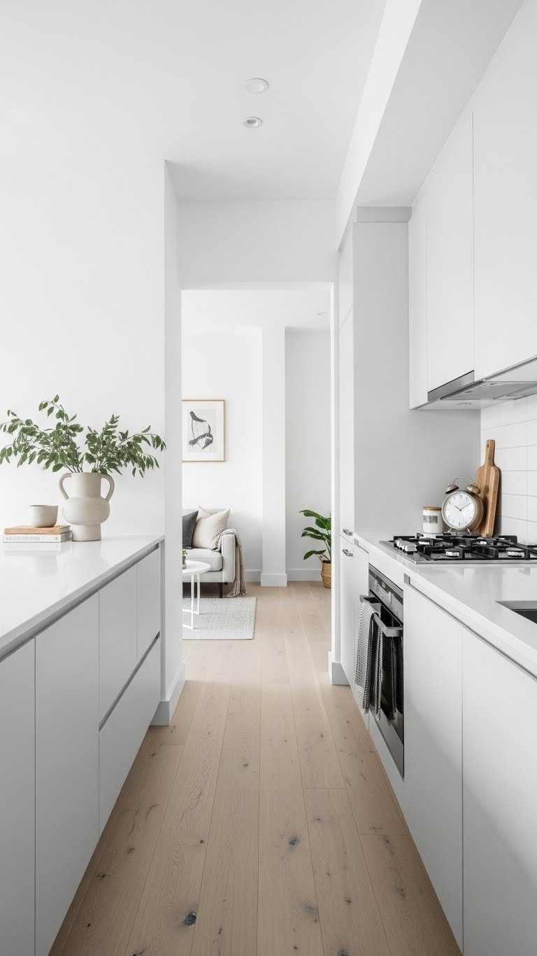 Open layout modern kitchen with L-shaped design, minimal upper cabinets, and spacious central pathway