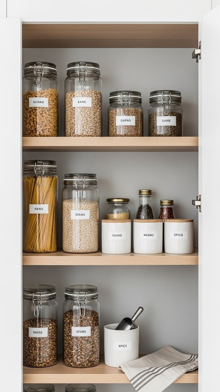 Open pantry cabinet displaying uniform glass canisters with pasta and grains on light wood shelves