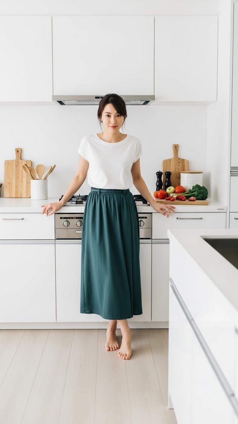 Open plan Japandi kitchen layout showcasing ergonomic work triangle with uncluttered prep areas and minimalist cooking utensil arrangement.