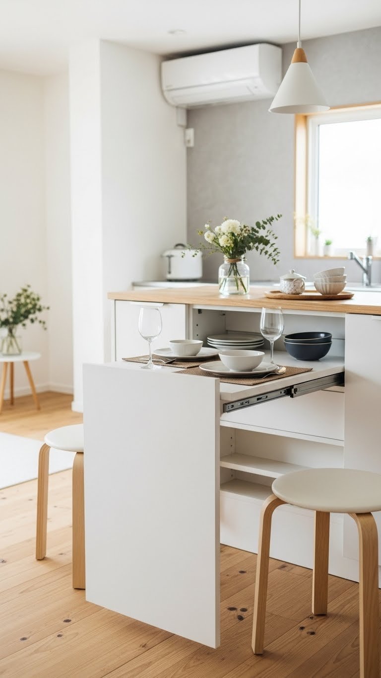 Open-plan Japanese kitchen with integrated pull-out dining table and minimalist stools tucked under countertop
