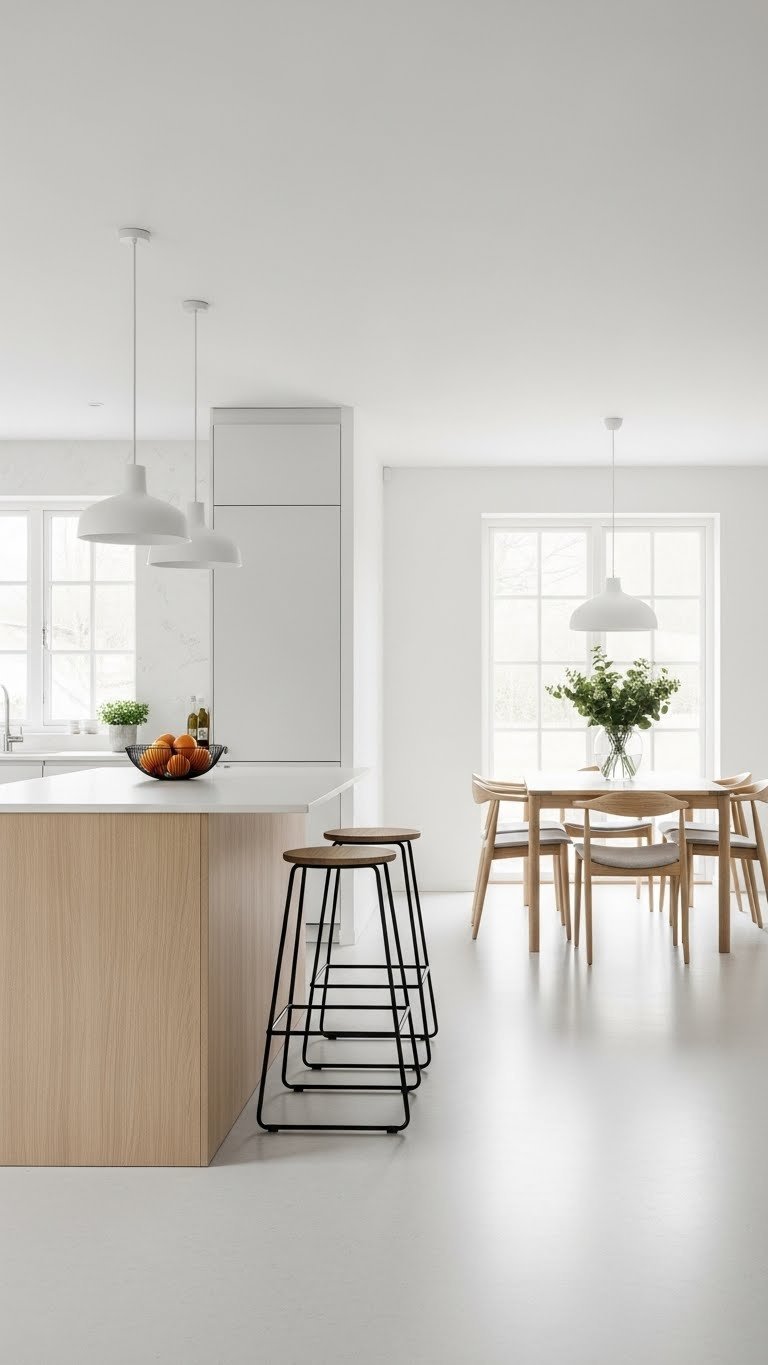 Open-plan Scandinavian kitchen dining area with seamless flow between light wood cabinetry and dining space