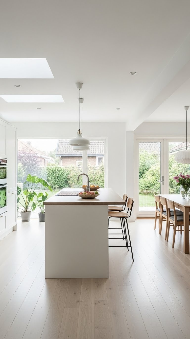 Open-plan Scandinavian kitchen with spacious island separating cooking and dining areas in light-filled extension
