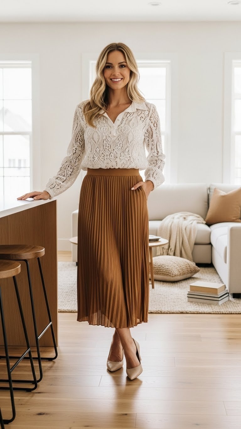 Open plan living room and kitchen. Textured rug, sectional sofa define zones. Warm creams, golden browns, natural wood decor.